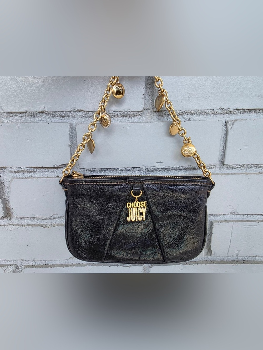 Rare Juicy Couture Y2K Black Leather Charm Shoulder Bag Choose Juicy Rhinestone
